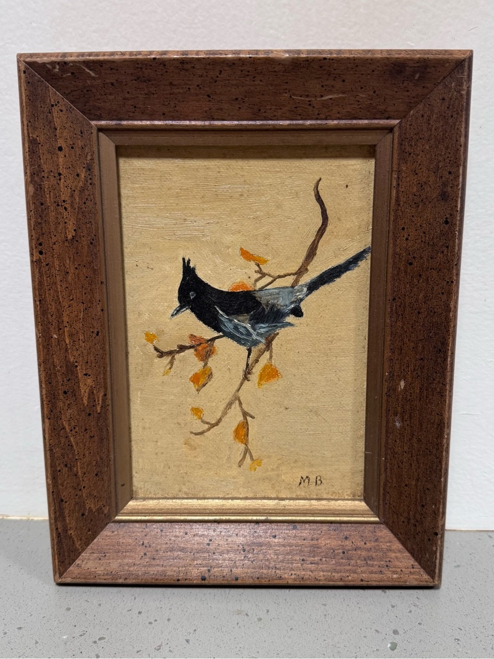 Original Bird Painting — Signed Folk Art Oil on Canvas, Framed